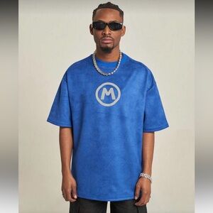 SHEIN Blue Shot Sleeve Suede T-Shirt